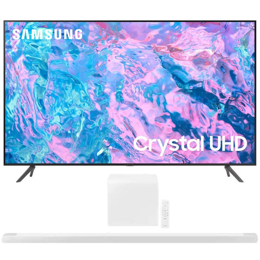 Samsung UN55CU7000FXZA 55 inch Crystal UHD 4K Smart TV 2023 Bundle with Samsung 3.1.2ch Soundbar with Wireless Dolby Atmos / DTS:X White 2022