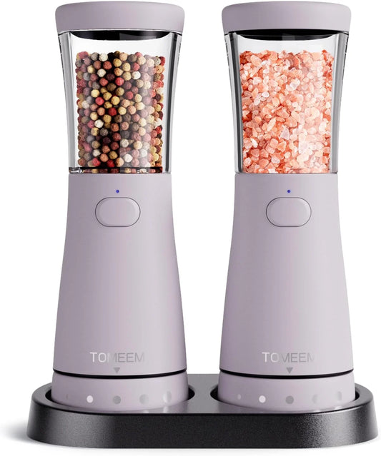 Tomeem Electric Pepper Grinder Set with Storage Base, Stainless Steel Rechargeable Salt and Pepper Grinder Set with 4.5oz Large Capacity, Lavender