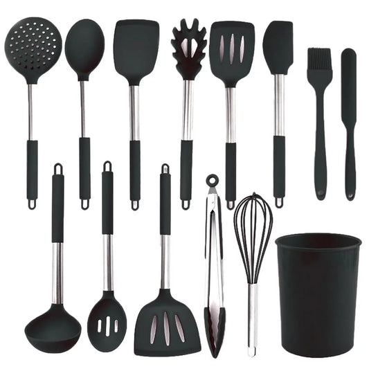 13-Piece Premium Non- Silic Kitchen Utensil Set, Heat Resistant Cooking Utensils with Hooks - Includes:Fork, Turner, Ladle, Tongs, etc Black