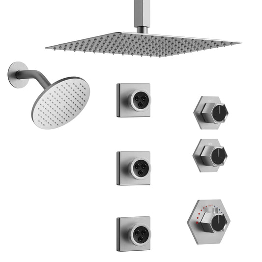 EVERSTEIN Dual Heads Thermostatic Shower Faucet Set 12 Rainfall & High Pressure 6 Fixture Shower System with Rough-in Valve Side Jets Spray Brushed Nickel