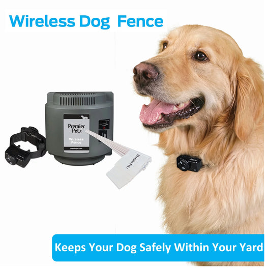 Premier Pet Wireless Fence for Dogs: .5 Acre Adjustable Circular Barrier, Wire-Free Electric Fence, Waterproof Collar, Tone & Static Correction, Portable, Expandable-Add Pets & Coverage Area