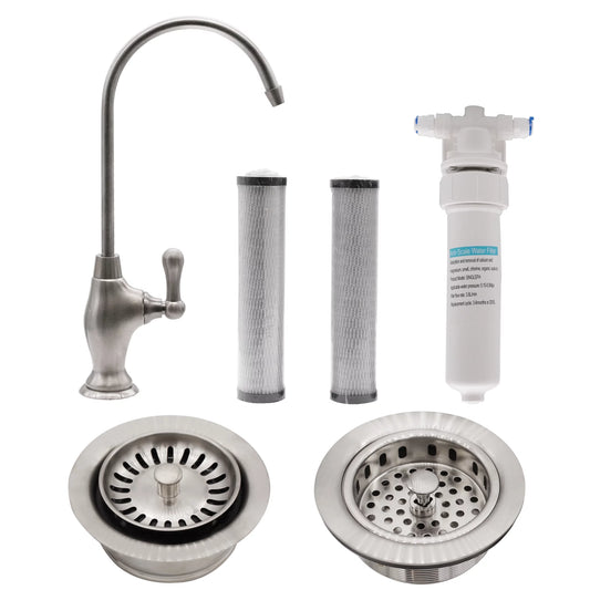 Westbrass C0134-20 10 Classic 1-Lever Cold Water Dispenser Faucet Kit with Filter, 2-Pack Replacement Cartridges, Kitchen Sink Strainer & Disposal Trim Set, Stainless Steel