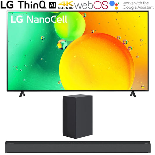 LG 75NANO75UQA 75 Inch HDR 4K UHD Smart NanoCell LED TV (2022) Bundle with LG S65Q 3.1 Ch High Res Audio Sound Bar with DTS Virtual: X