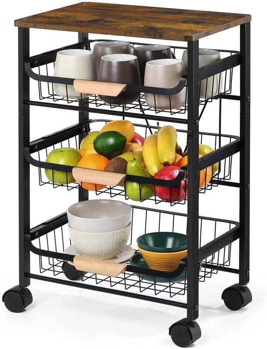 Rolling Utility Cart 4 Tire Fruit Storage Basket Kitchen Serving Storage Cart