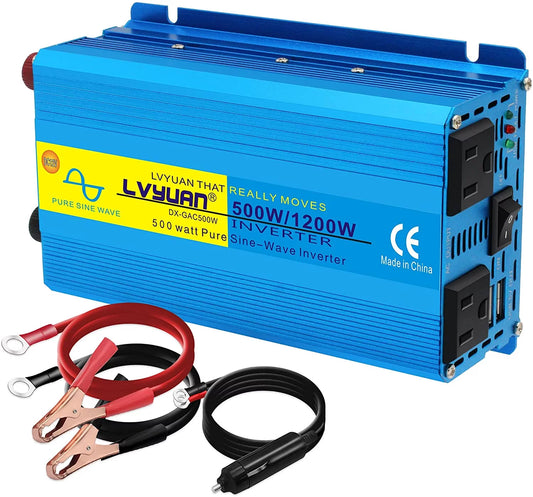LVYUAN 500 Watts Pure Sine Wave Power Inverter DC 12V to AC 110V 120V Car Converter 2USB 2AC