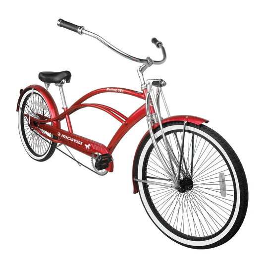 Micargi MUSTANG GTS 26 Stretch Cruiser Coaster Brake Single Speed Black Spokes One Piece Crank Springer Fork with Moon-Type Handlebar Alloy Matte Black Rims 68H with White Wall Tire Color: RED/ BK