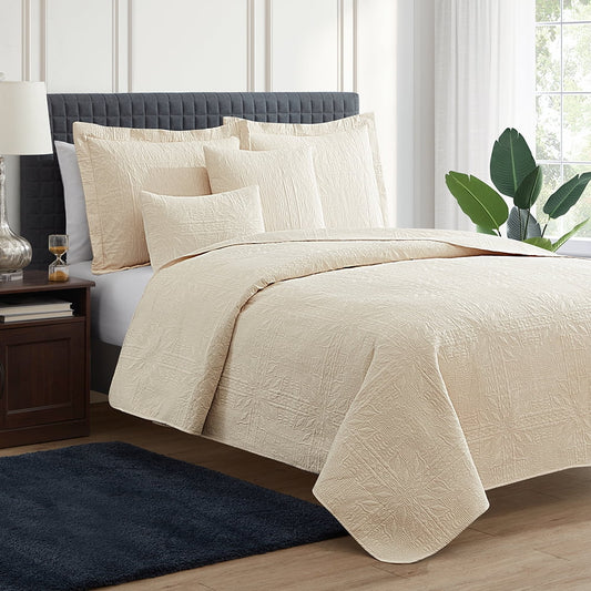 Clara Clark Quilt Set King Bedspread, 5-Piece Grid Weave Lightweight Coverlet, Beige Cream