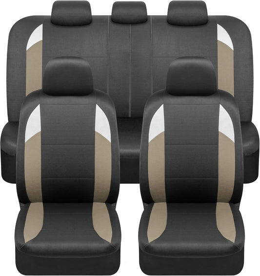 BDK carXS Monaco Seat Covers for Cars Full Set, Beige Tri-Tone Front Car Seat Covers with Split Rear Bench Back Seat Cover, Automotive Seat Covers for Trucks SUV Van Auto