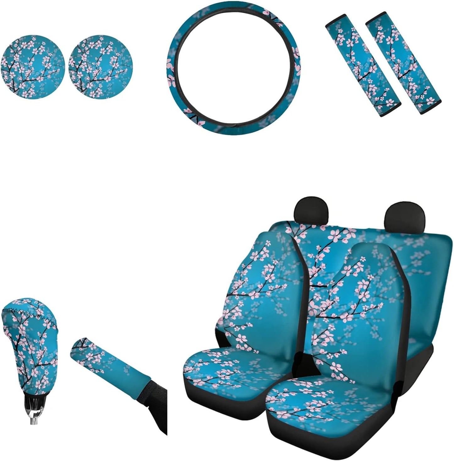 AFPANQZ Nebula Galaxy Car Seat Covers with Steering Wheel Cover, Seat Belt Shoulder Pads, Cup Holder Coasters, Gear Shift Knob and Handbrake Protector Cushion Full Set of 11 for Men Women Gift Navy