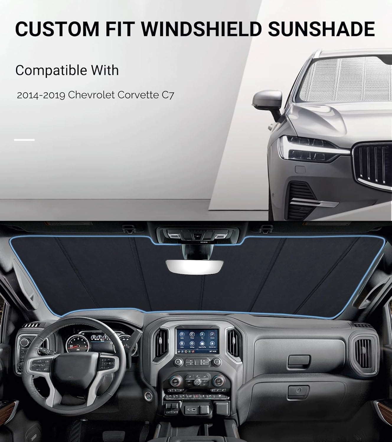 Pigenius Windshield Sun Shade for 2014-2019 Chevrolet Corvette C7. 2024 Upgrade Reflective Aluminum Film Front Window Sunshade for Maximum Interior Protection, B-SS155