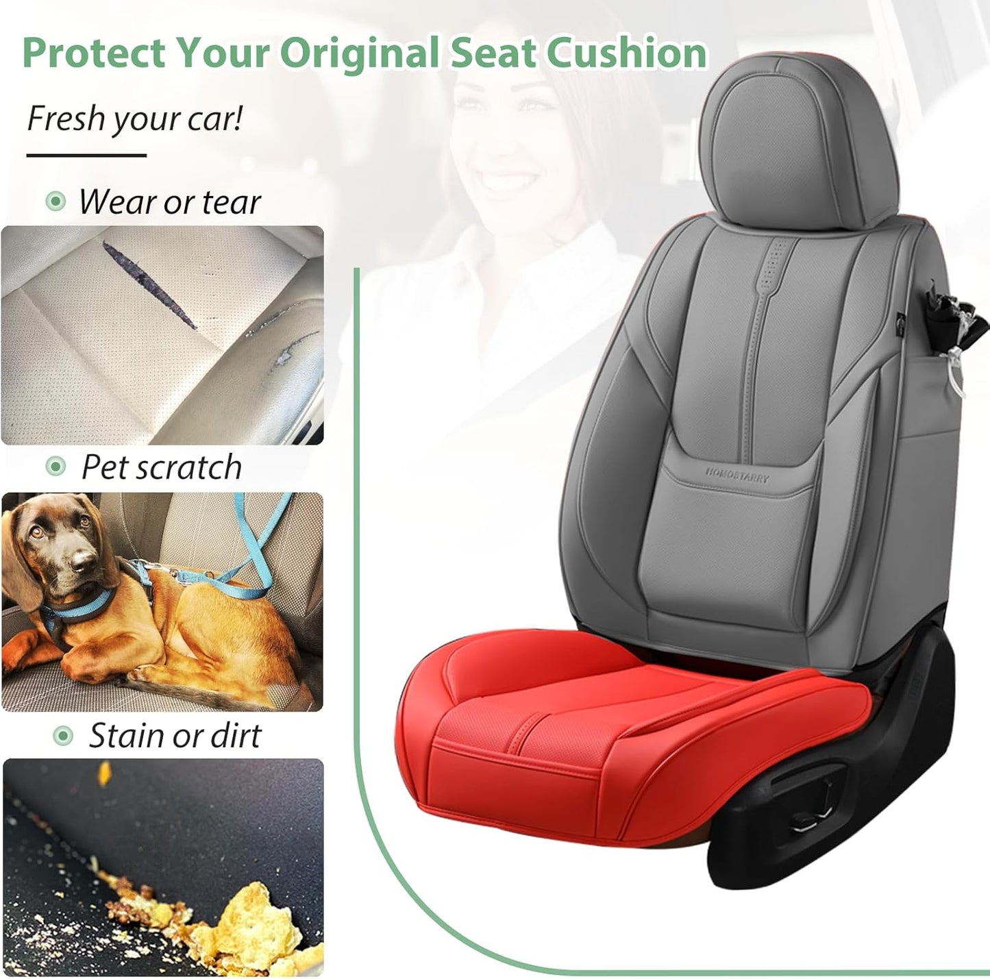 HOMOSTARRY 2 Pack Leather Front Car Seat Cover Bottom Only, Anti-Slip Padded Seat Cushion, Full Wrap Seat Protector with Storage Function Universal Fit for Most Cars, SUV, Pick-up Trucks (Red)