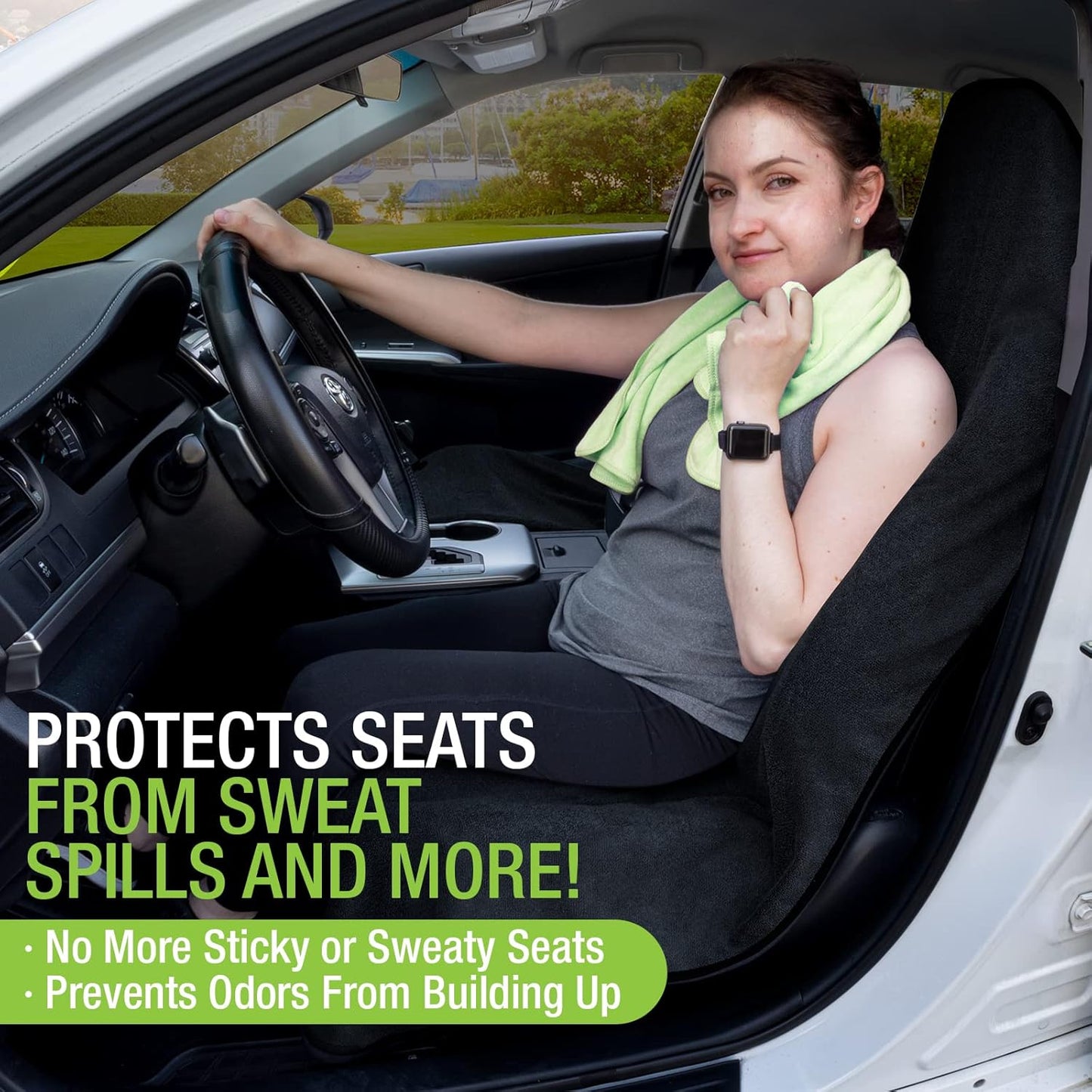 Season Guard Terry Cloth Sweat Towel Seat Cover; Carseat Towel Protector; Great for Gym Workout; Waterproof; Universal Fit for Car SUV Van Truck; EZ fit; Non Slip Grip; Machine Washable; 2pc Black