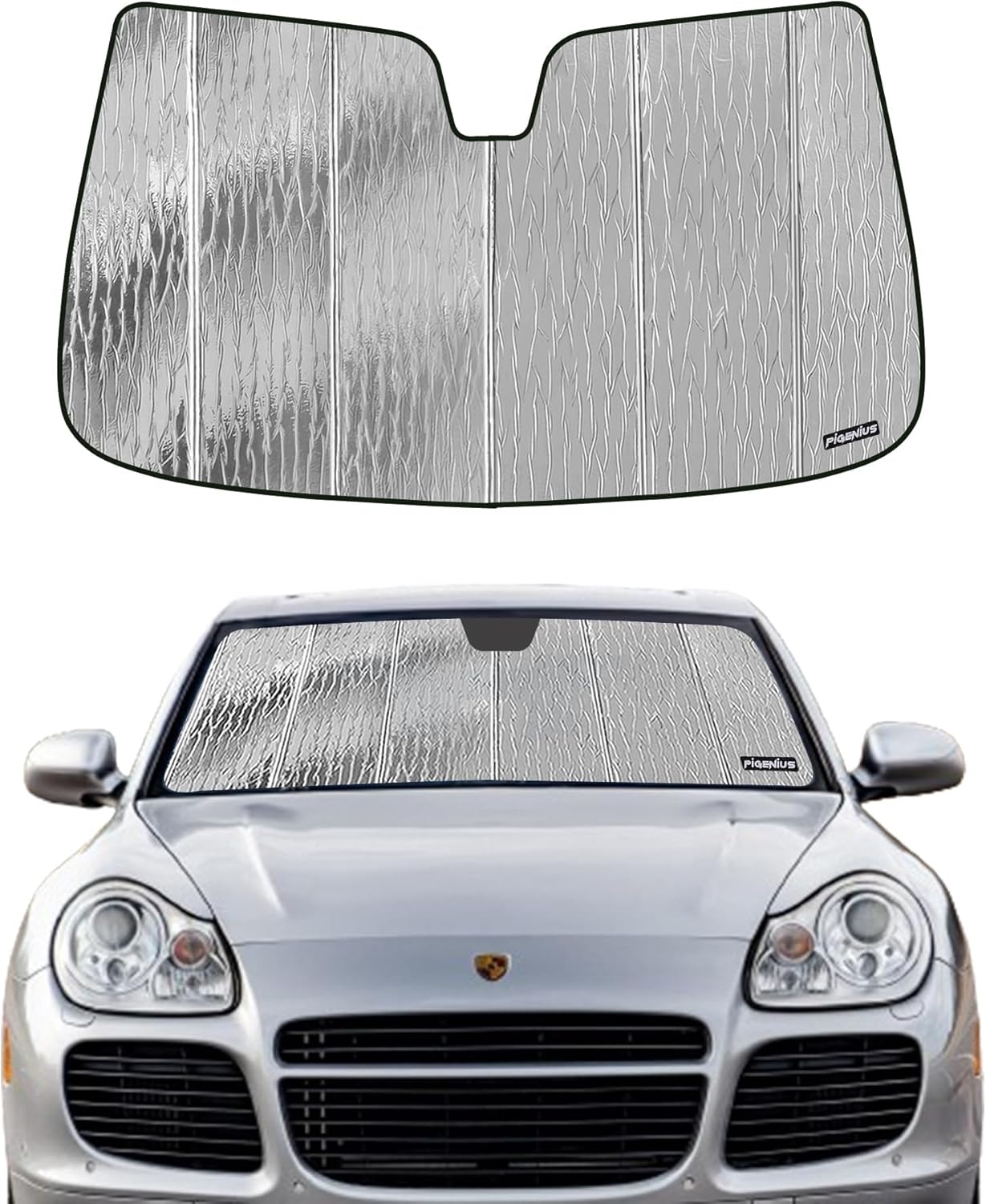 Pigenius Windshield Sun Shade for Porsche Caye-nne 2019-2025,Front Window Sunshade Shield,2-in-1 Reflective Sun Shade,Silver for Summer, Black for Winter