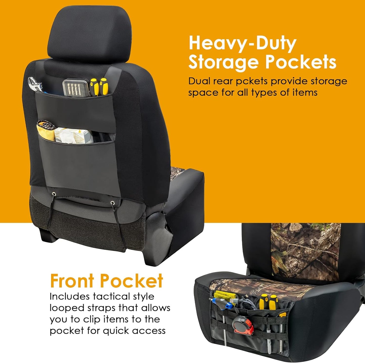 LPI Truck Mossy Oak Heavy Duty Seat Covers for Front Seats; Fits Full-Size SUV or Truck; Includes Front and Rear Storage Pockets, Built-in Molle Style Organizer; Semi-Custom Fit; 2pcs