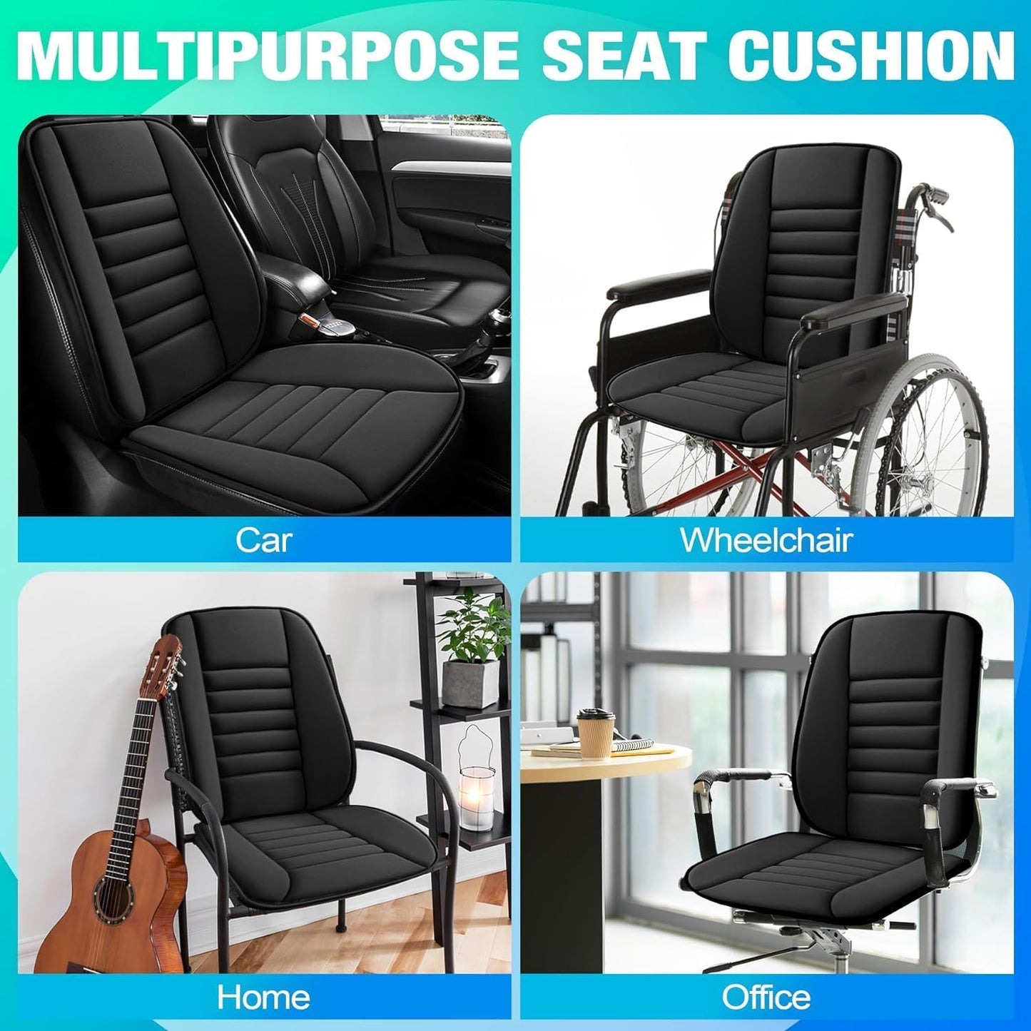 Car Seat Cushion and Lumbar Support Pillow Memory Foam Desk Chair Cushion Back Support for Automotive Seat Driver, Travel, Office Chair, Leg and Back Pain Relief, Washable and Adjustable Strap, Black