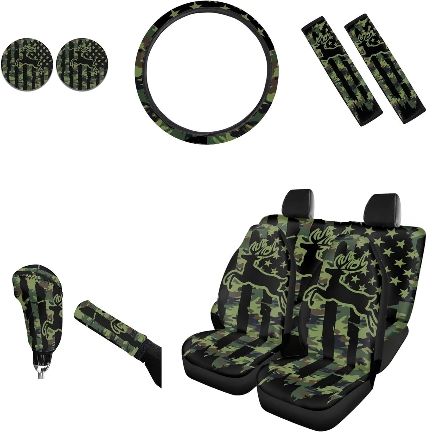 AFPANQZ Nebula Galaxy Car Seat Covers with Steering Wheel Cover, Seat Belt Shoulder Pads, Cup Holder Coasters, Gear Shift Knob and Handbrake Protector Cushion Full Set of 11 for Men Women Gift Navy