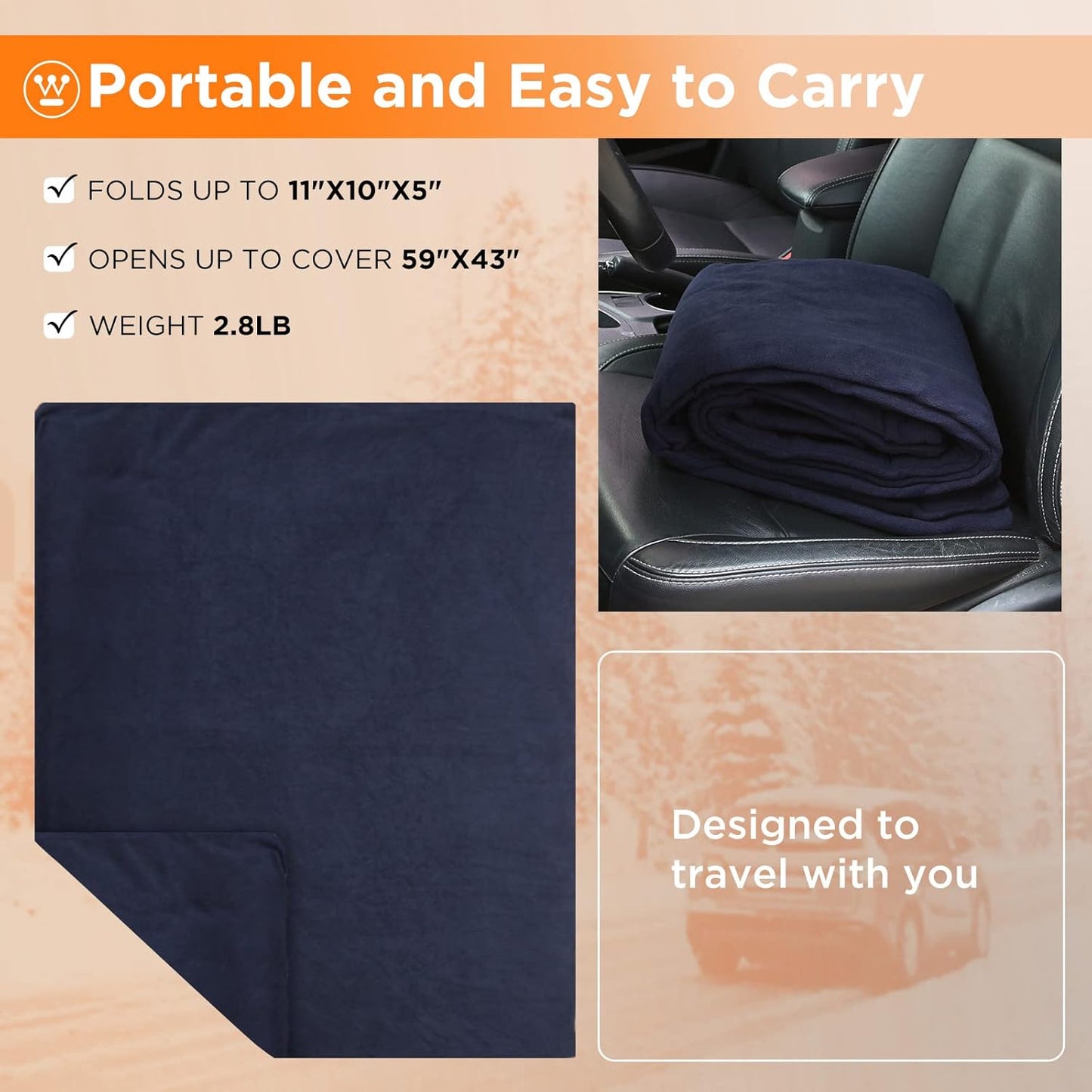 Westinghouse Heated Car Blanket with 3 Heating Levels, 4 Hours Auto Off, 12 Volt Electric Blanket for Car, Truck, SUV, RV, Portable Heated Throw for Camping, Machine Washable, 59" x 43? (Navy)