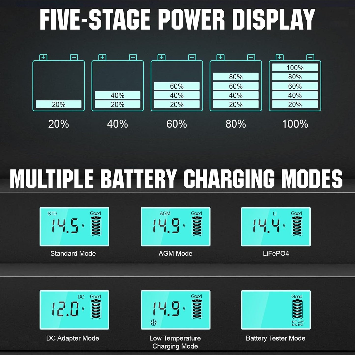 ECO-WORTHY 10Amp 12V Automatic Smart Battery Charger and Maintainer with LCD Display for Lead Acid and Lithium (LiFePO4) Battery