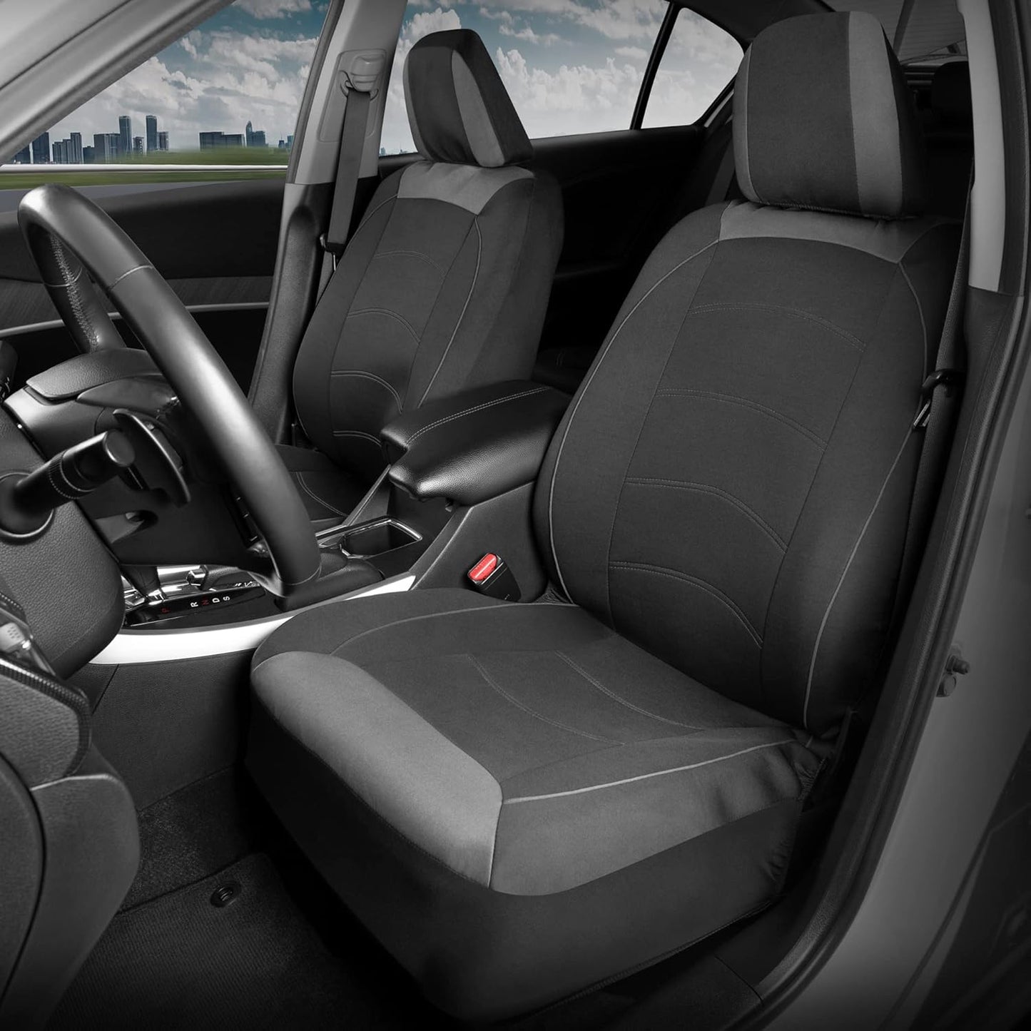 Motor Trend Black Cloth Car Seat Covers for Front Seats – Premium Automotive Bucket Seat Covers, Made for Vehicles with Removable Headrests, Interior Covers for Truck Van SUV, Black Stitched