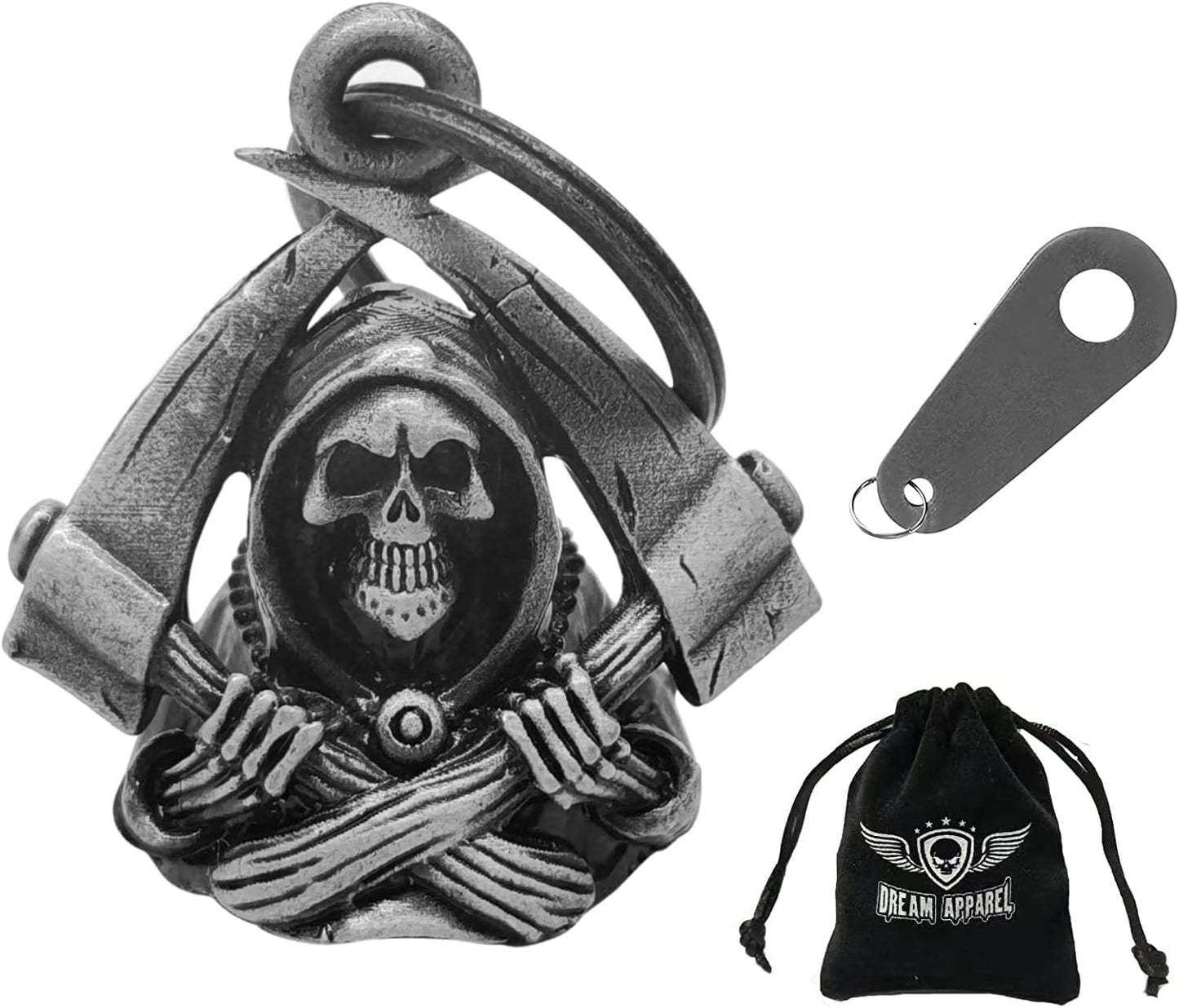 【2Pack】Motorcycle Bells for Biker Good Luck Guardian Riding Bells with Hanger Motorcycle Accessory or Keychain for Luck, Grim Reaper*2, Medium