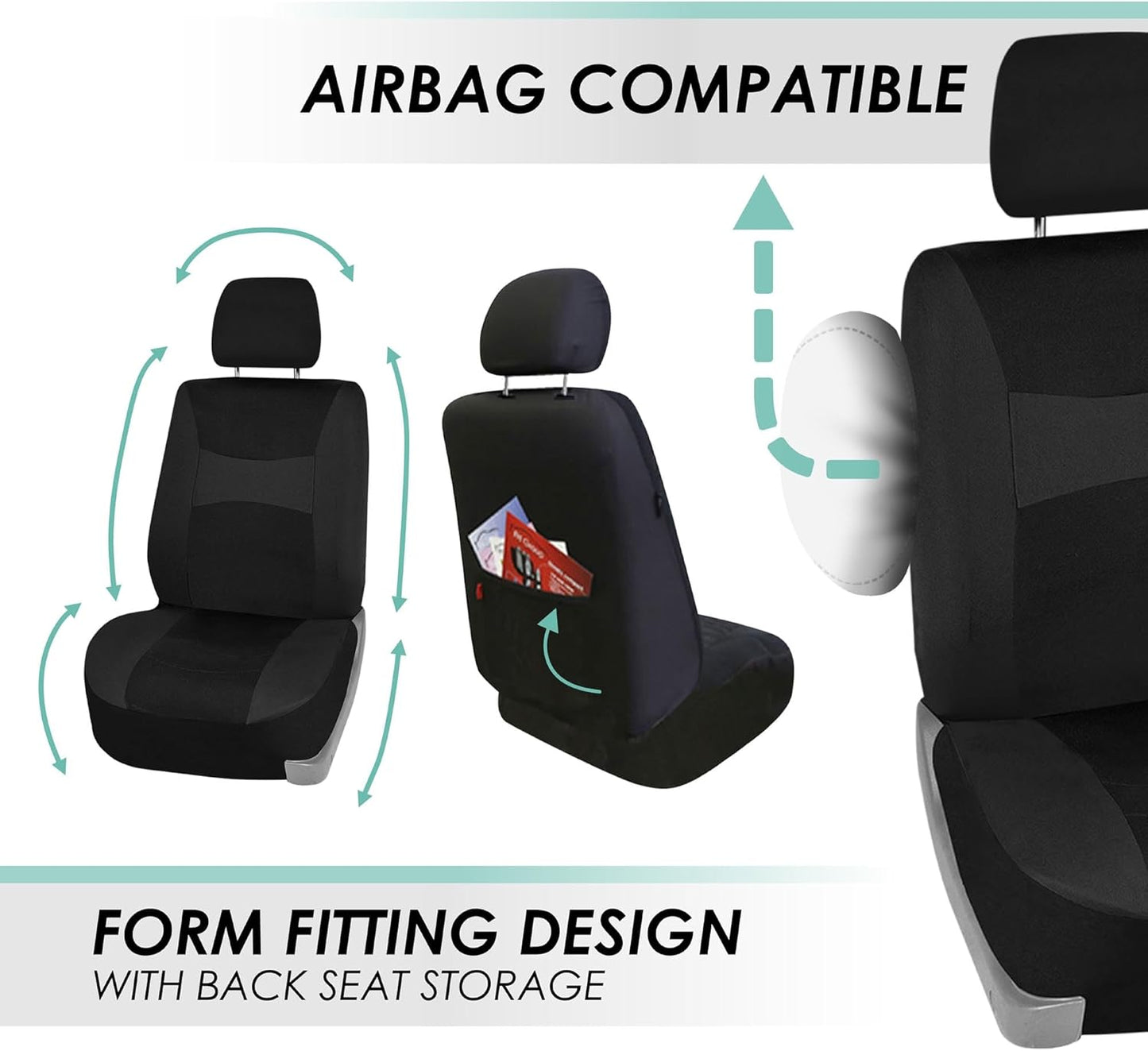 FH Group FB030BLACK115 Full Set Seat Cover (Side Airbag Compatible with Split Bench Black)