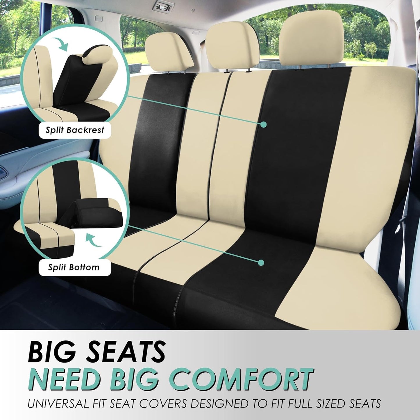 FH Group Light & Breezy Cloth Car Seat Covers, 7 Seater Three Row Set- Airbag & Split Ready -Universal for Cars Trucks and SUVs Beige/Black