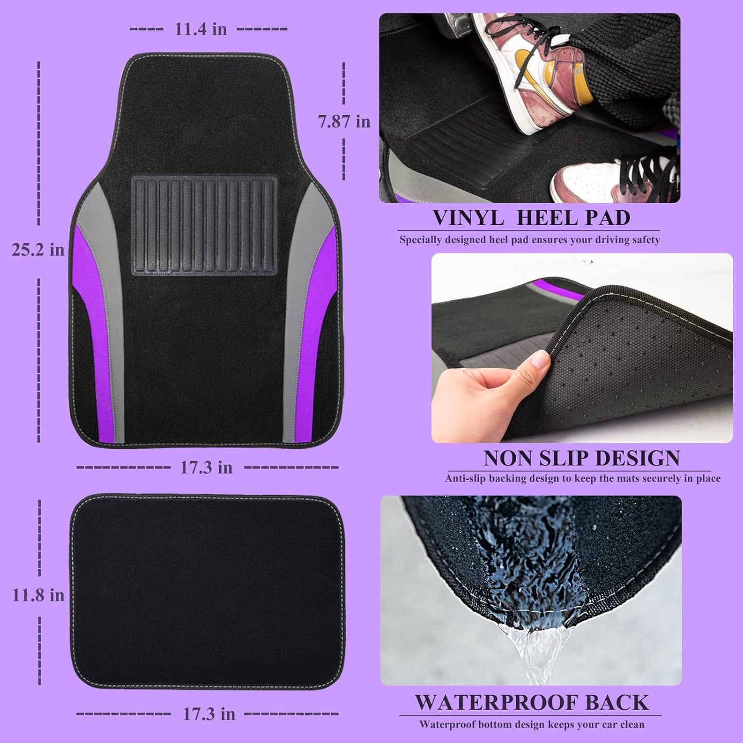 CAR PASS Line Rider Sporty Car Seat Covers Full Set with 4Pcs Waterproof Car Floor Mats Universal Fit Airbag Compatible Automotive Interior Covers for Trucks,Vans,SUV (Combo Set, Black & Purple)