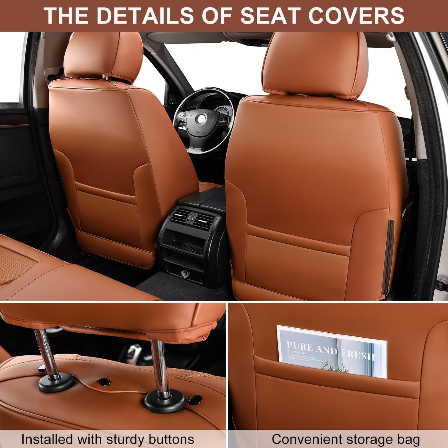 TIEHESYT Car Seat Covers Full Set, Breathable Leather Automotive Front and Rear Seat Covers, Car Seat Protectors Full Set, Compatible with Most Vehicles, SUV (Brown, Front Pair)