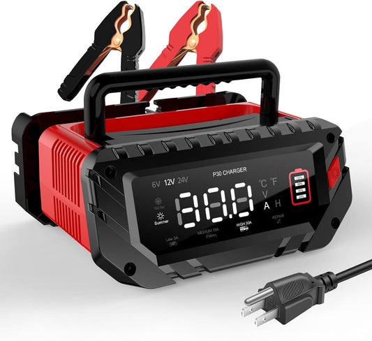 30-Amp Car Battery Charger, 6V/12V/24V Smart Automatic Automotive Battery Maintainer, Trickle Charger for Car, Motorcycle, Boat, Lead-Acid, Lithium, LiFePo4 Batteries