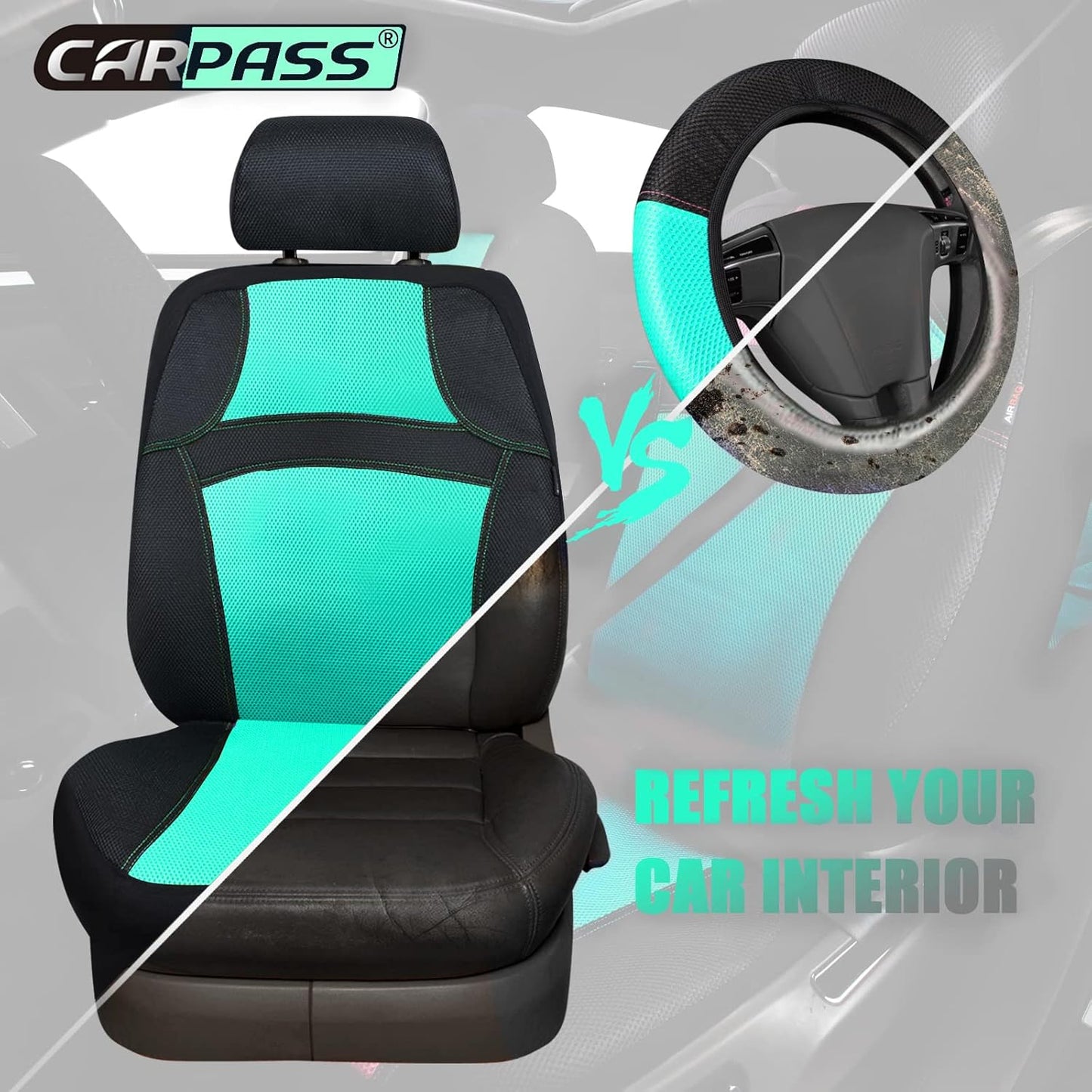 CAR PASS Universal 13PCS 3D Air Mesh-100% Breathable Seat Covers Full Sets#Steering Wheel&Belt Cover #Airbag and Rear Split Bench Compatible#for 90% Automotive SUV Truck Cute Women Black Mint