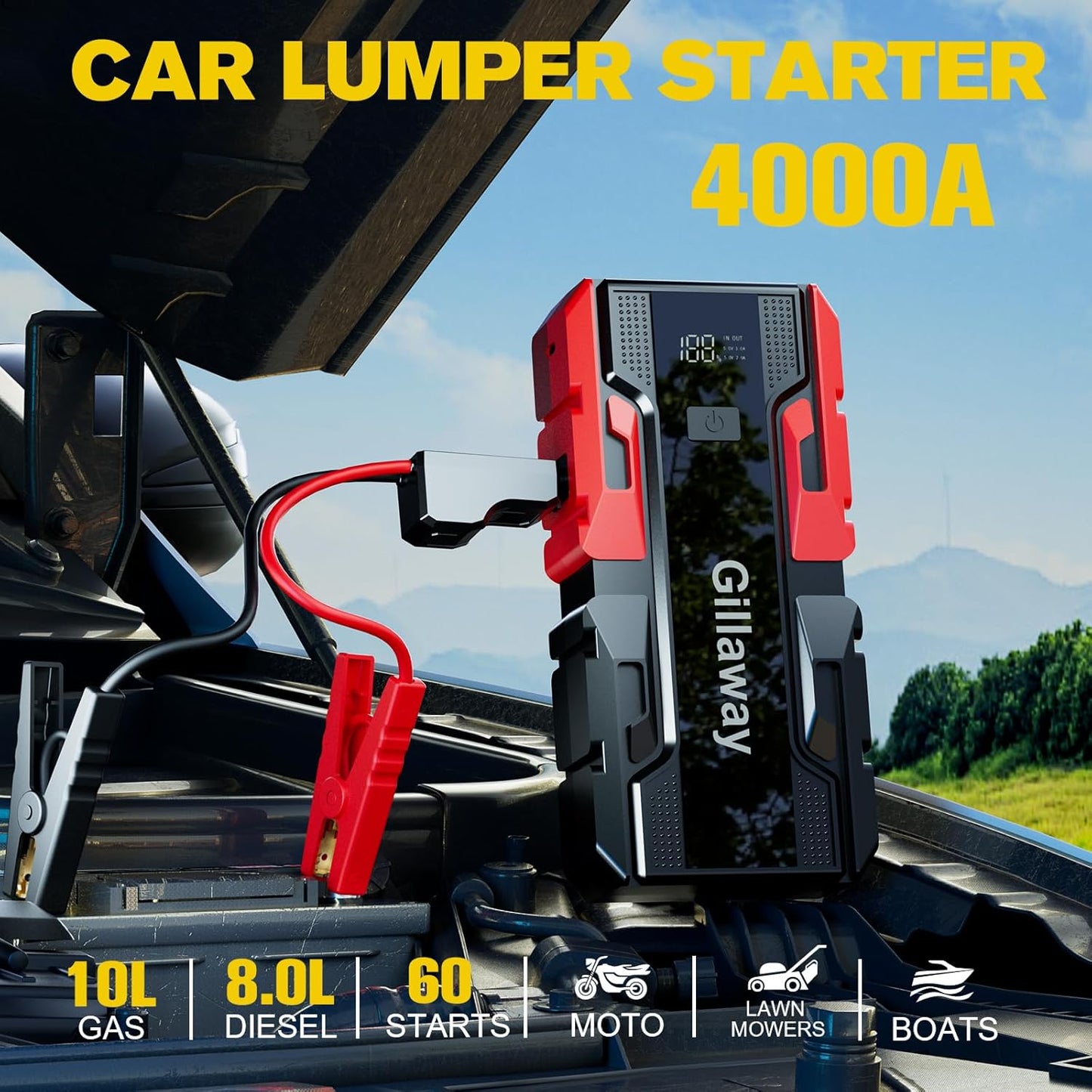 001B 4000A Car Jump Starter Battery Pack 12V Car Battery Charger, Jump Box with USB 3.0 Power Bank (up to 9.0L Gas and 7.0L Diesel Engine),