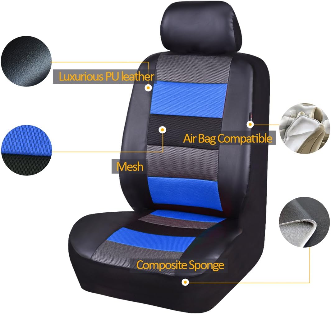 Flying Banner Car Seat Covers Full Set Front Seats and Rear Bench Black Leather and Red Fabric Mesh Cover Breathable Black with Blue Color (Blue)