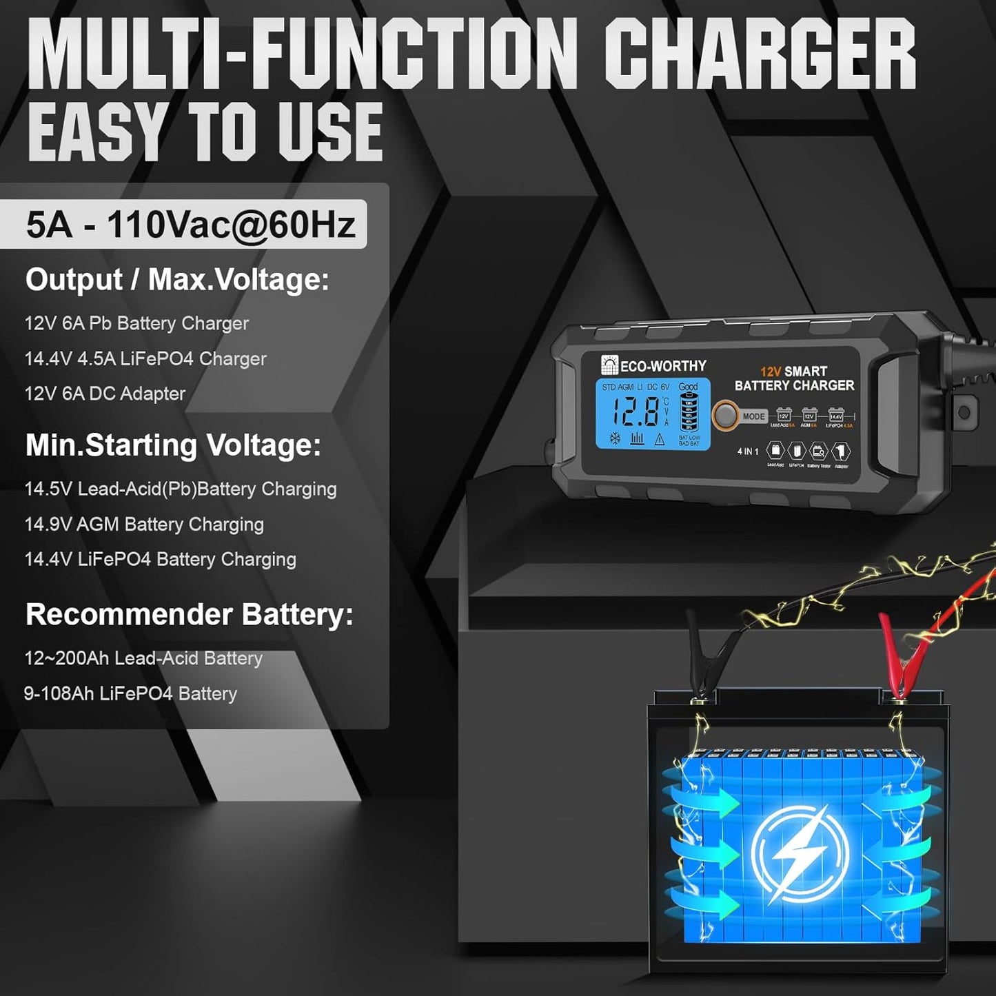 ECO-WORTHY 12V Lithium Battery Charger, 5Amp Automatic Smart LiFePO4 Battery Maintainer with LCD Display for Lead Acid and Lithium (LiFePO4) Battery