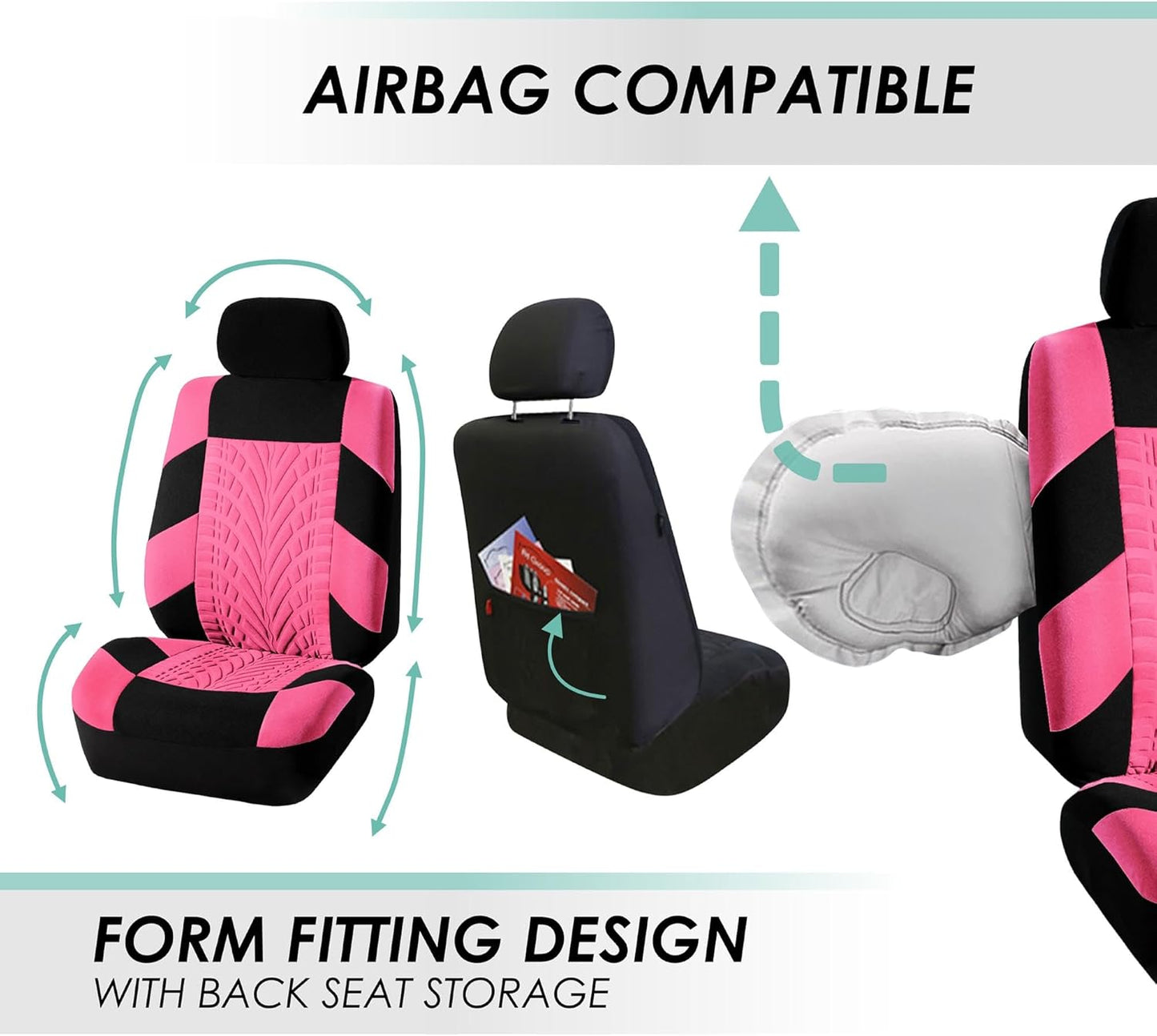 FH Group Car Seat Covers Full Set Premium Cloth - Universal Fit, Automotive Seat Cover, Low Back Front Seat Covers, Airbag Compatible, Split Bench Rear Seat, Washable Seat Cover for SUV, Sedan Pink