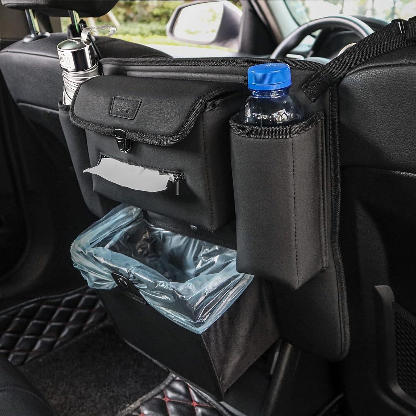 AMEIQ Car Accessories, Trash Bag Garbage Can, Recycle Bin for Rubbish Waster Litter, Organizer Storage Container Between Front Seats, Holder of Handbag Purse Umbrella Tissue, Pet Barrier, Black