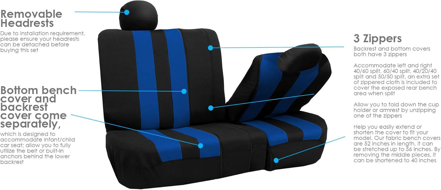 FH Group Three Row Striking Striped Full Set Car Seat Covers, Airbag Compatible & Split Ready – Universal Fit for Cars Trucks & SUVs (Blue) FB036217