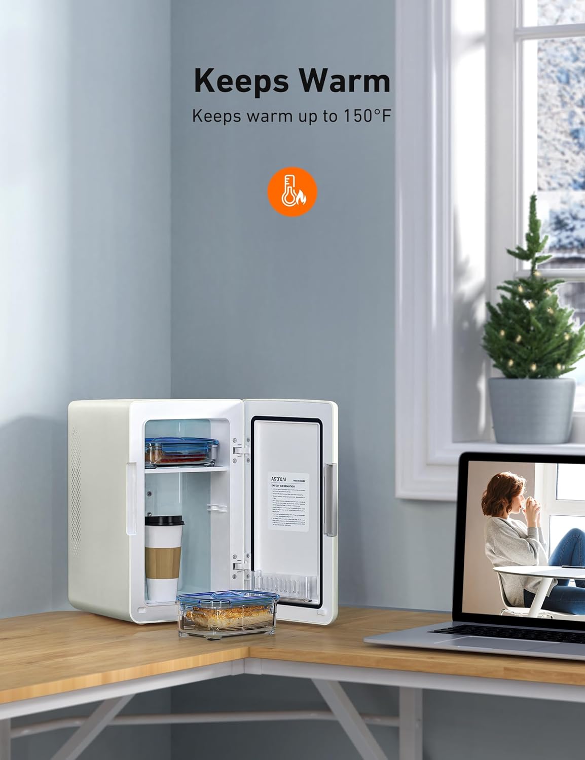 AstroAI Mini Fridge 2.0 Gen, 6 Liter/8 Cans Makeup Skincare Fridge 110V AC/ 12V DC Portable Thermoelectric Cooler and Warmer Little Tiny Fridge for Bedroom, Cosmetics, Christmas (Beige)