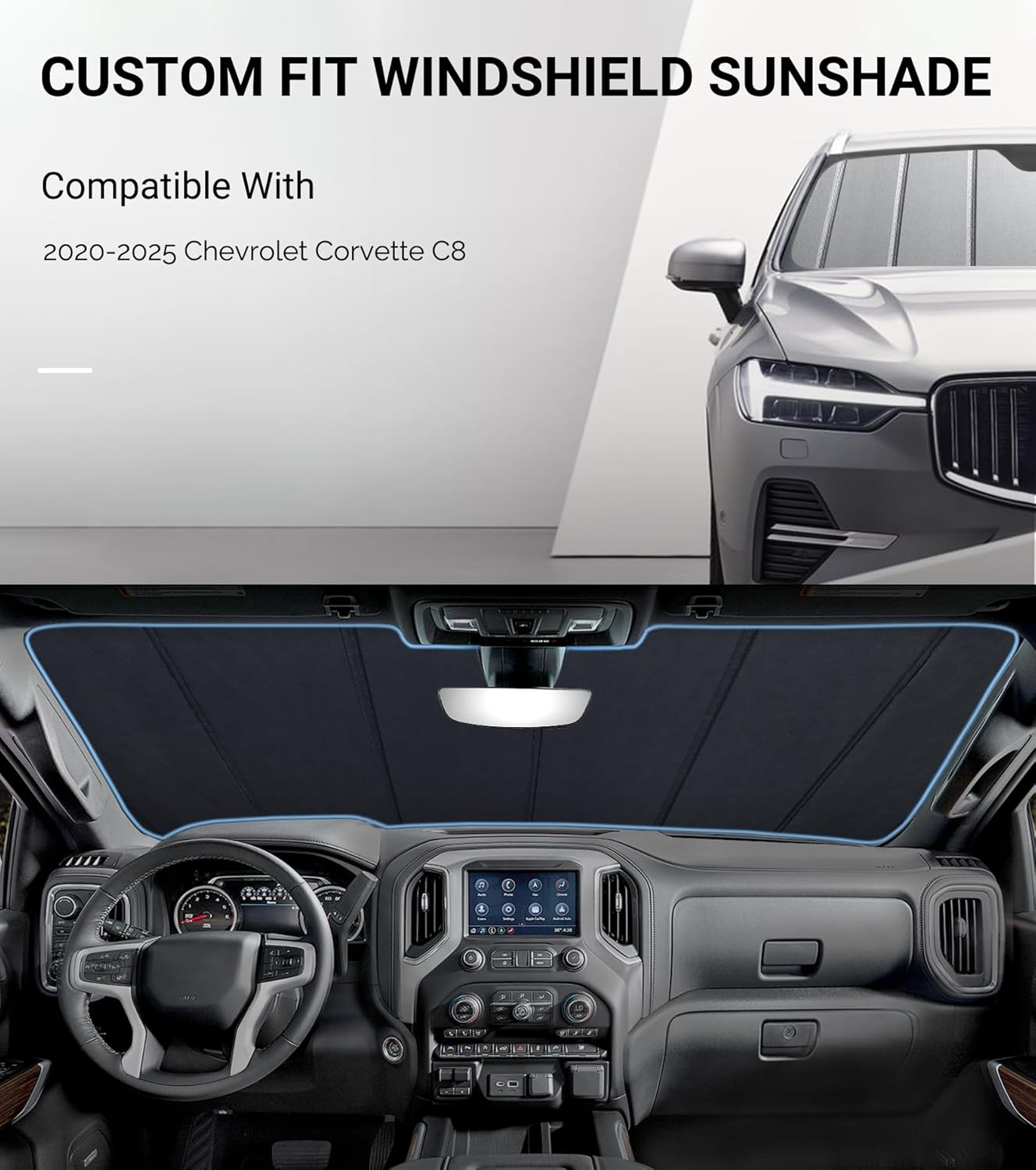 Pigenius Car Windshield Sun Shade fits 2020-2024 Chevrolet Corvette C8,Deluxe Front Windshield Sunshade,6 Layers Sun Shield,Accordion Fold