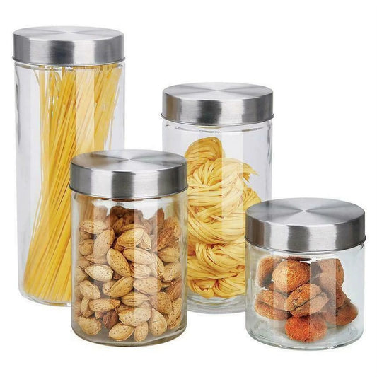 4 Piece Round Glass Canister Set with Stainless Steel Lids, Kitchen Counter Top Organizer, Coffee, Tea, Sugar, Flour, Cookies Storag Jars, Clear