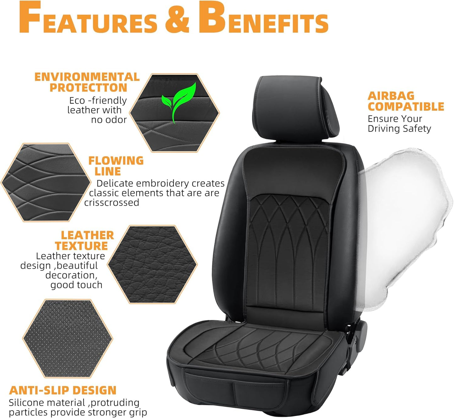 Elantrip Front Seat Covers Waterproof Leather Car with Shoulder Protection & Organizer Pockets - Universal Fit for Cars, SUVs, Trucks - Black (1 Pair)