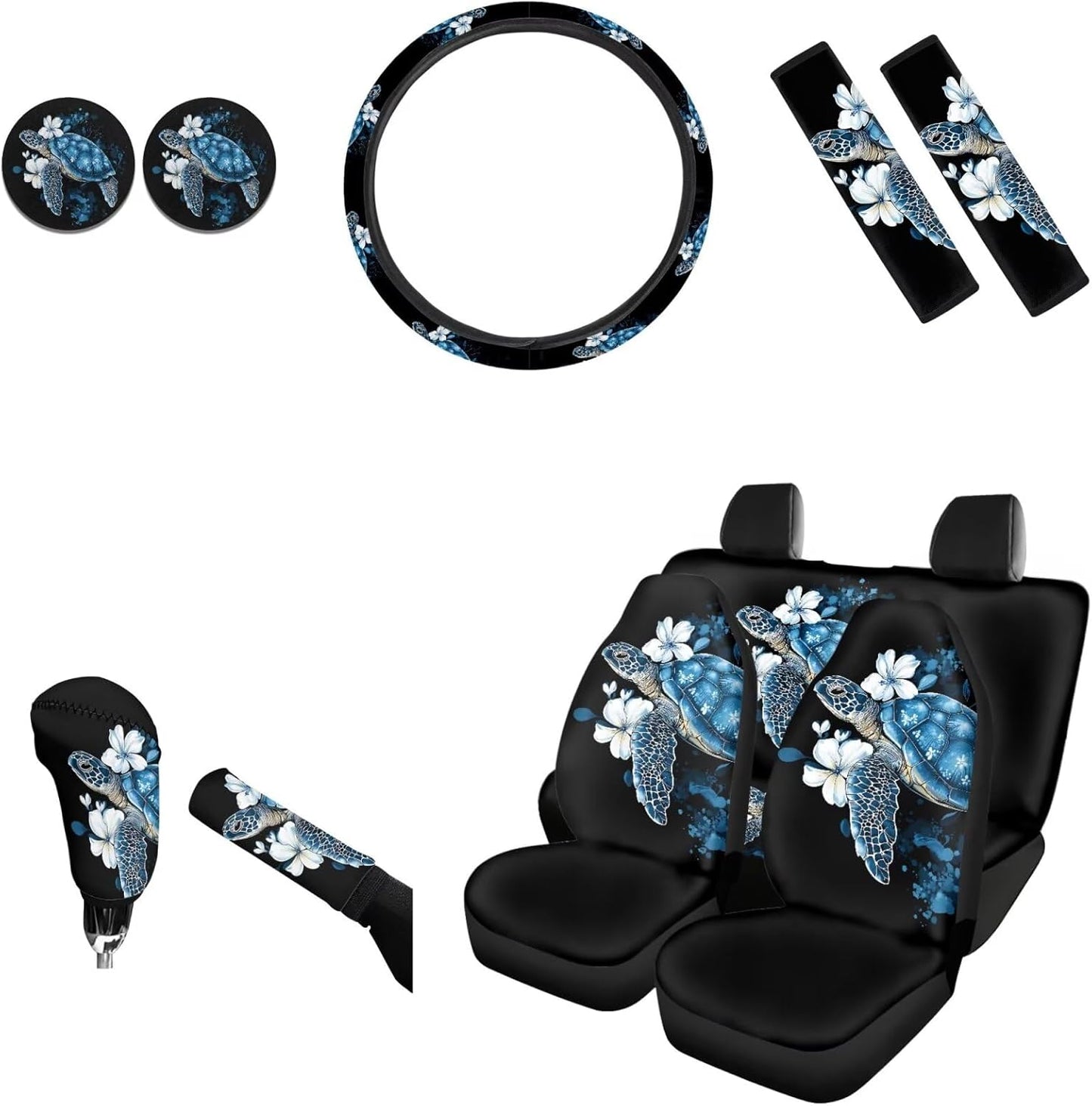 AFPANQZ Nebula Galaxy Car Seat Covers with Steering Wheel Cover, Seat Belt Shoulder Pads, Cup Holder Coasters, Gear Shift Knob and Handbrake Protector Cushion Full Set of 11 for Men Women Gift Navy