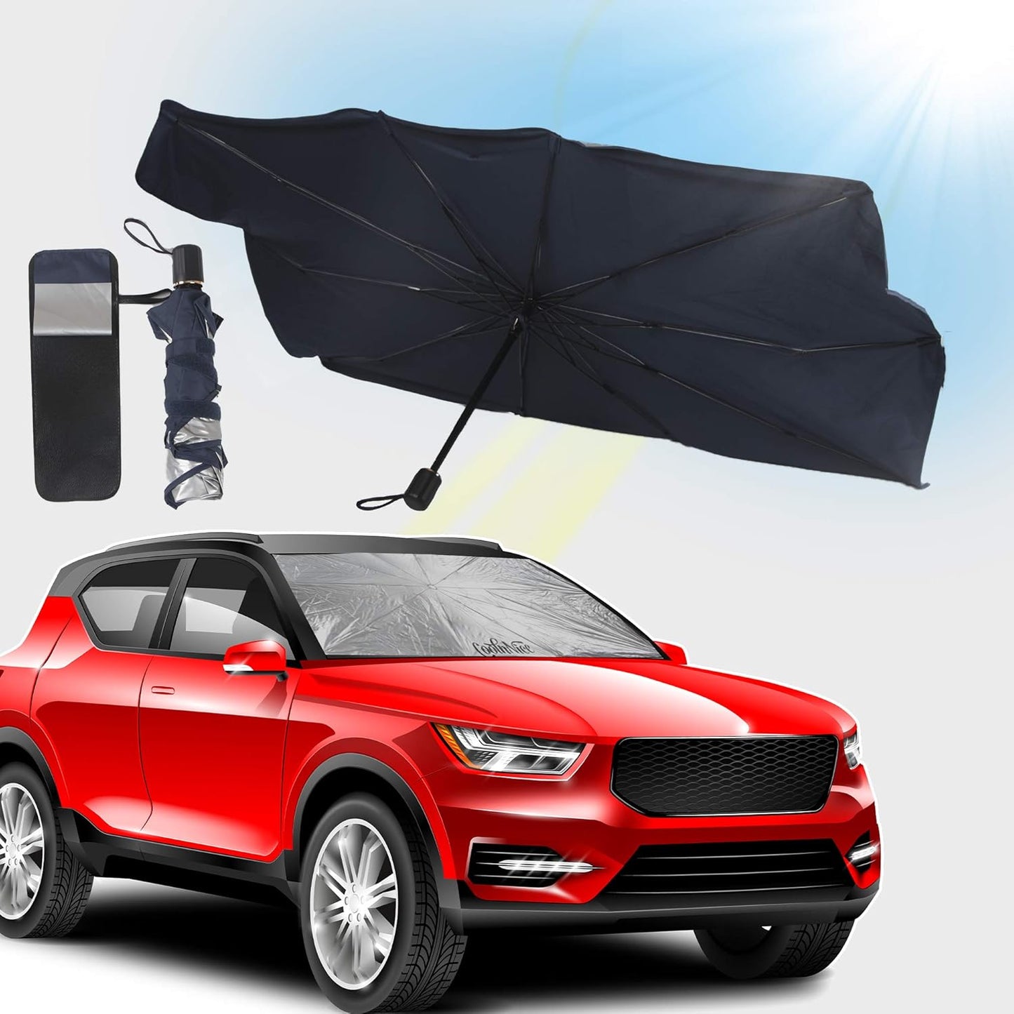 CoolnNice Premium Foldable Car Windshield Sun Shade Umbrella, Center Console & Fingers Protection Exclusive Features, Cover UV Block Front Window for Auto Cover Truck Sedan SUV Van Hatchback Luxury