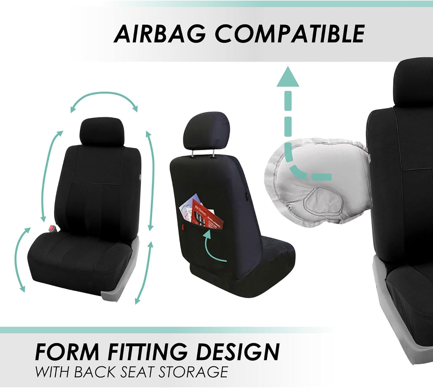 FH Group Car Seat Covers Full Set Cloth - Universal Fit, Automotive Seat Covers,Low Back Front Seat Covers,Airbag Compatible,Split Bench RearSeat,Washable Car SeatCover for SUV,Sedan,Van Black