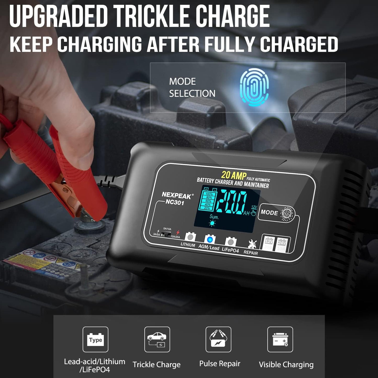 NEXPEAK NC301 20-Amp Car Battery Charger, 12V and 24V Smart Fully Automatic LiFePO4 Lithium Battery Charger Maintainer Trickle Charger w/Temp Compensation for Car Truck Lawn Mower Boat Batteries
