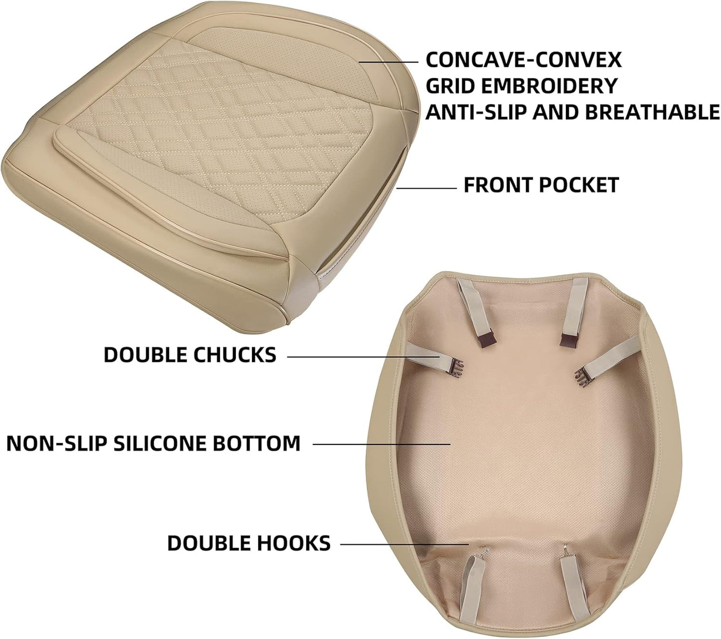 Car Seat Cover Front PU Leather Seat Covers, 2Pcs Universal Bottom Seat Covers for Cars, Anti-Slip, Storage Bags,Full Wrapping Edge Fits 95% of Vehicles(1 Pair, Beige)