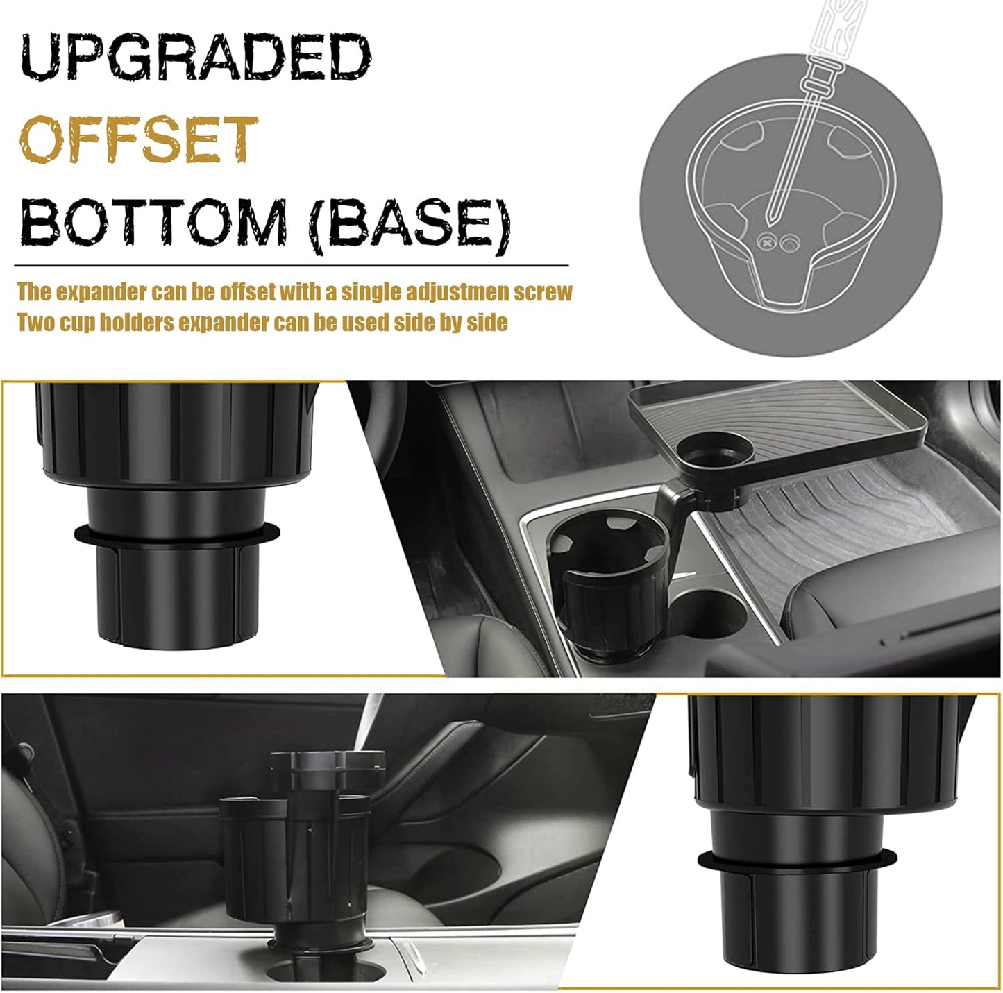 Upgraded Car Cup Holder Tray with Expandable Base Cup Holder Expander for car Compatible with Yeti 14/24/36/46oz Ramblers, Hydro Flasks 32/40oz, Other Large Bottles Mugs in 3.4"-4.0"