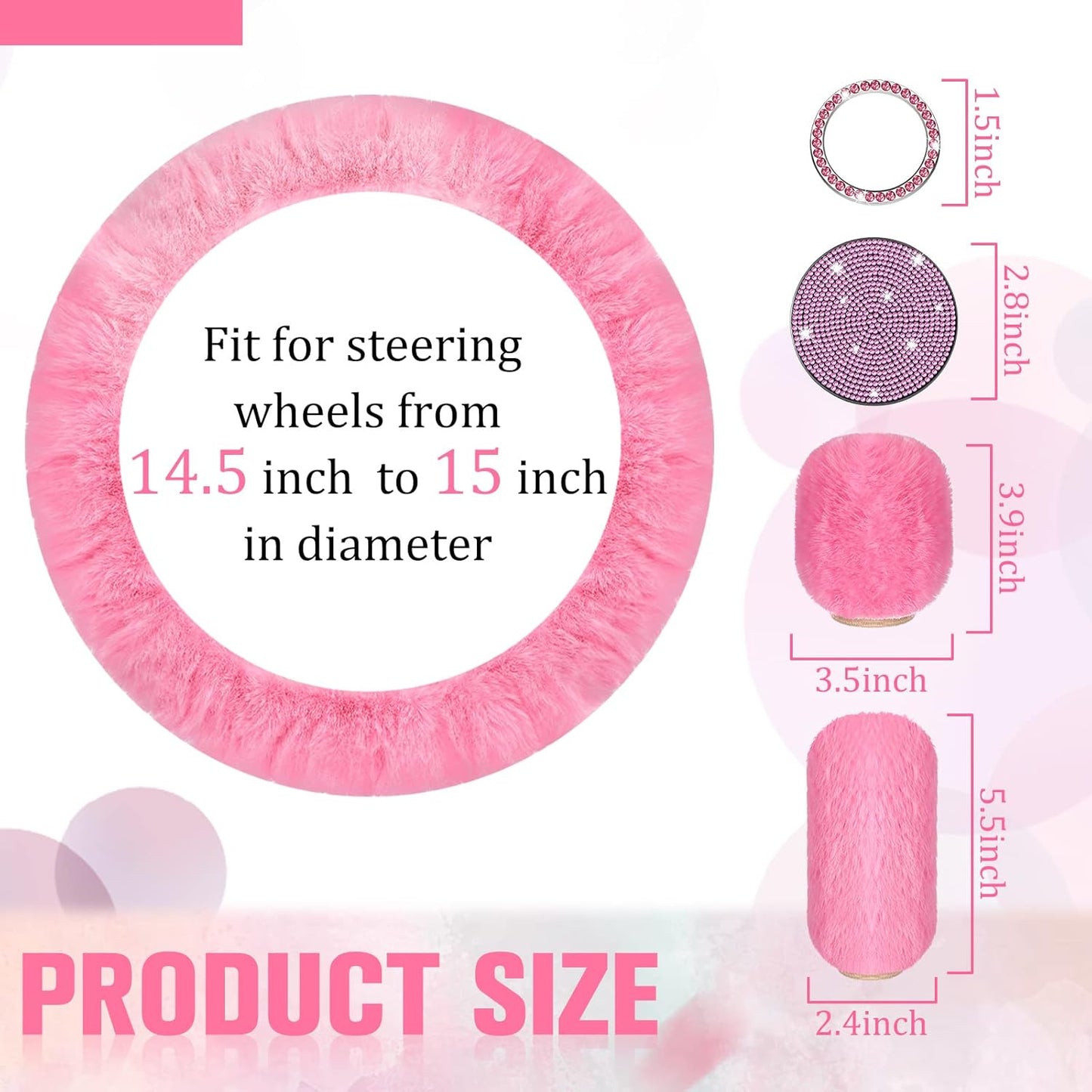 Frienda 10 Pcs Fluffy Car Steering Wheel Covers Handbrake and Gear Shift Cover Seat Belt Shoulder Pads Diamond Mat Ignition Ring Ball Key Chain Armrest Box Mat Car Accessories set(Pink)
