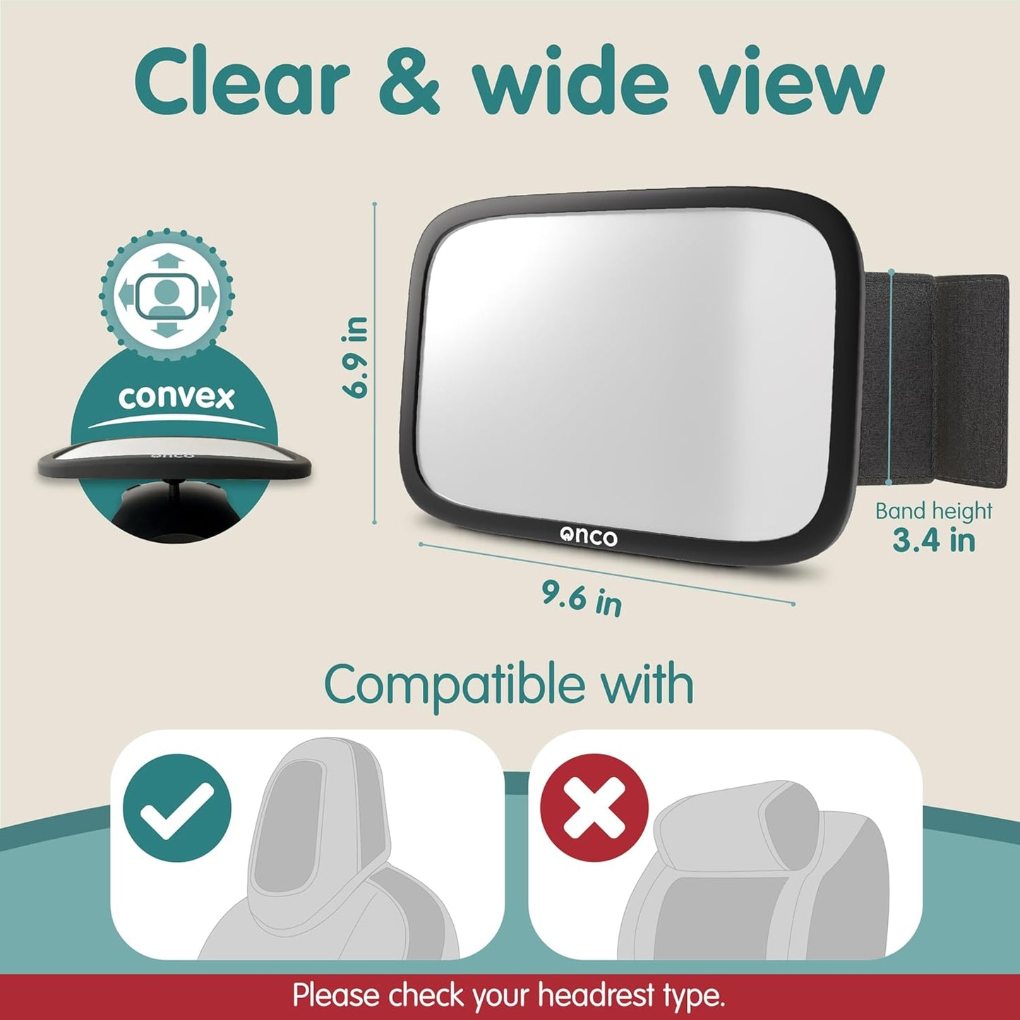 Onco Fixed Headrest Car Mirror - Tesla-Compatible, 100% Shatterproof & Shake-Proof for Baby Rear Facing, Adjustable Seat Mirror for Car Journeys