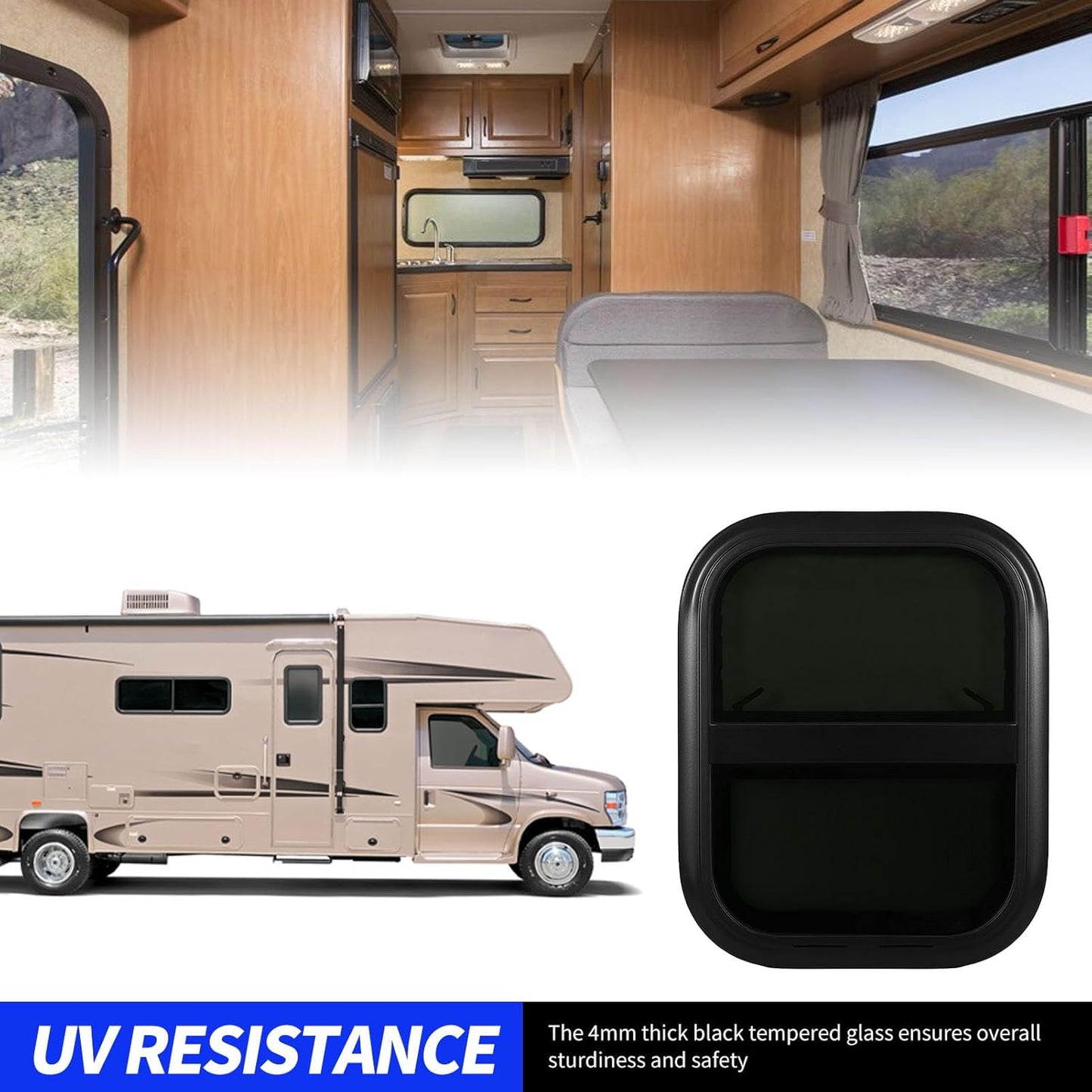 RV Window, 440x390mm Aluminum Alloy Round Vertical Horizontal Sliding Camper Window Replacement with Screen, Tinted Tempering Glass Privacy Screen for Trailer Cargo, Leakproof