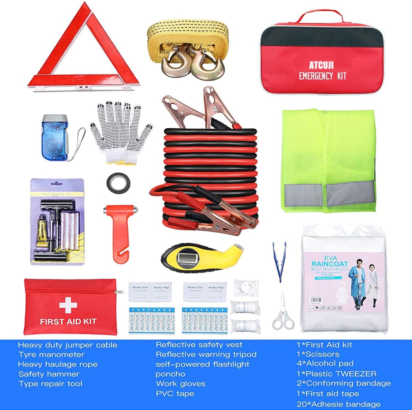 Atcuji Auto Emergency Kit Set - Vehicle Roadside Assistance - Jumper Cables, Tow Rope, Safety Hammer & More - Compact Car Tool Bag - Multi-Purpose Emergency Pack